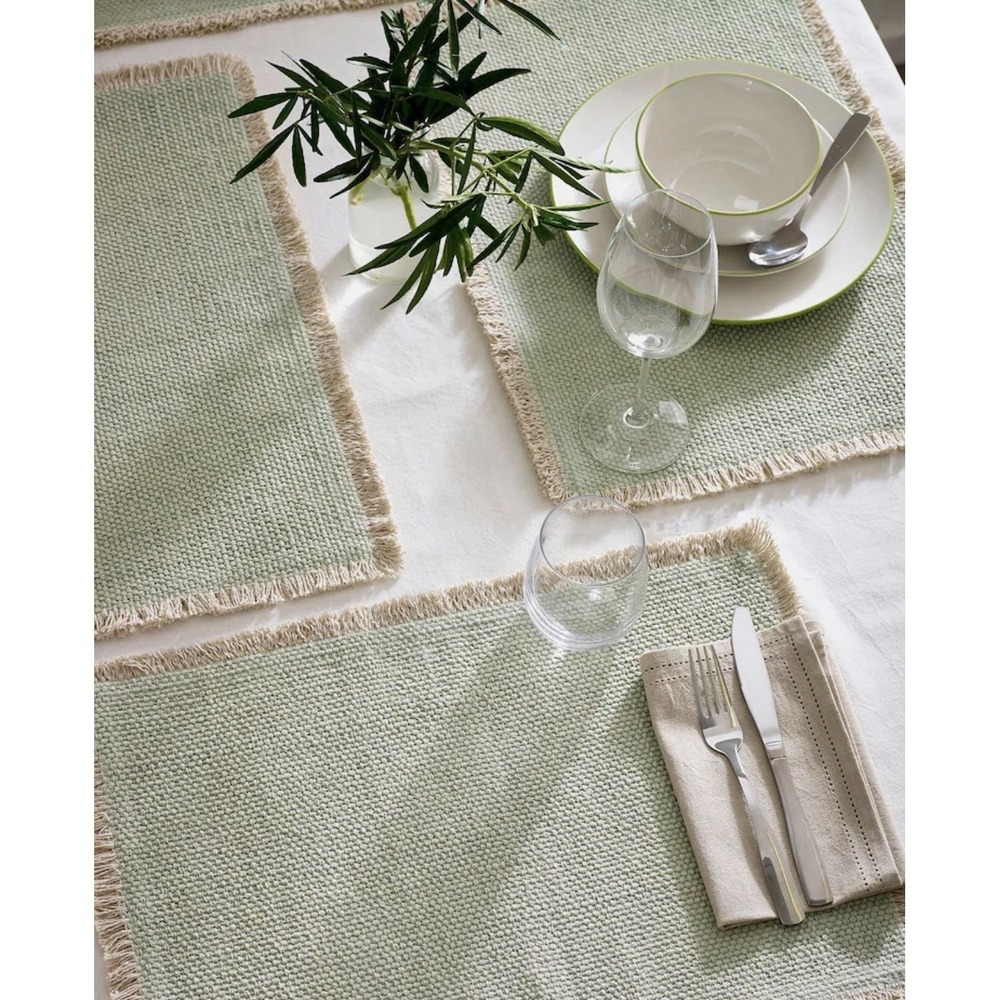Set of 4 Sage Green Woven Cotton Placemats with Fringe Edge, 100% Cotton NEXT